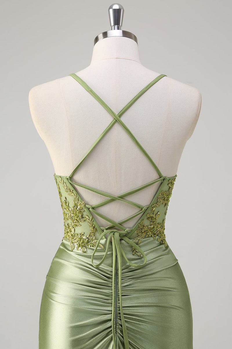 Load image into Gallery viewer, Sparkly Army Green Mermaid Corset Long Prom Dress with Slit