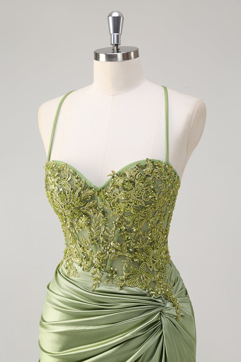 Load image into Gallery viewer, Sparkly Army Green Mermaid Corset Long Prom Dress with Slit