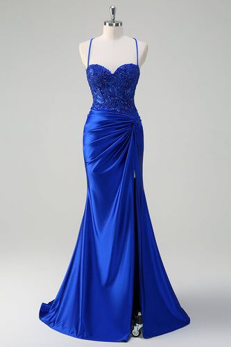 Royal Blue Mermaid Spaghetti Straps Ruched Appliqued Prom Dress