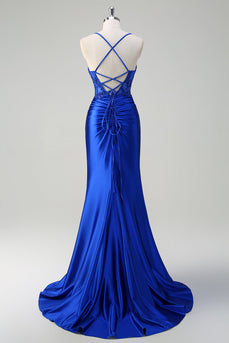 Royal Blue Mermaid Spaghetti Straps Ruched Appliqued Prom Dress