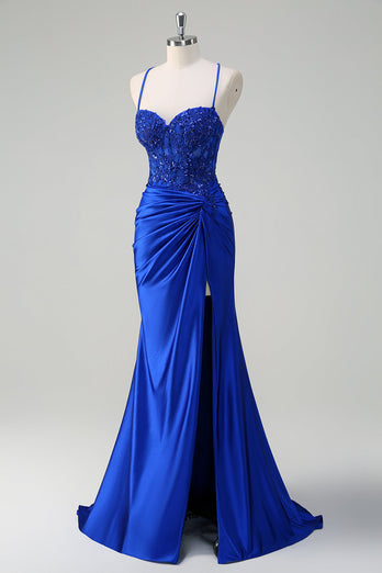 Royal Blue Mermaid Spaghetti Straps Ruched Appliqued Prom Dress