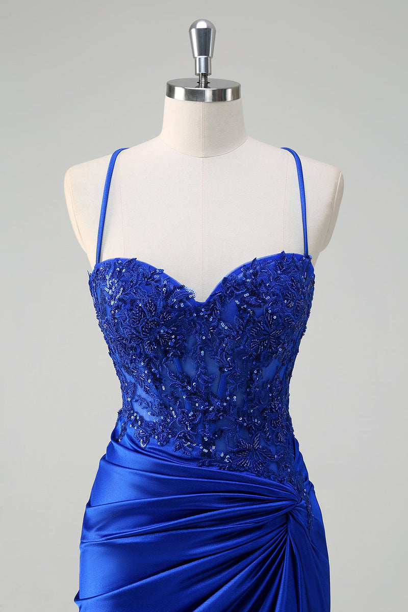 Load image into Gallery viewer, Royal Blue Mermaid Spaghetti Straps Ruched Appliqued Prom Dress