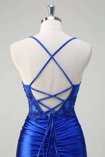 Royal Blue Mermaid Spaghetti Straps Ruched Appliqued Prom Dress