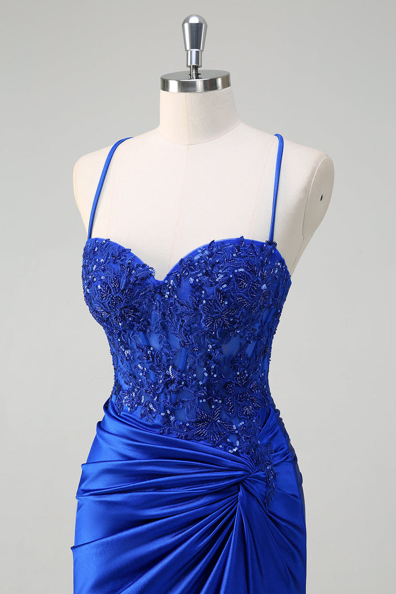 Load image into Gallery viewer, Royal Blue Mermaid Spaghetti Straps Ruched Appliqued Prom Dress