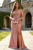Plus Size Mermaid Dusty Rose Corset Long Prom Dress with Slit