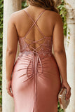 Plus Size Mermaid Dusty Rose Corset Long Prom Dress with Slit