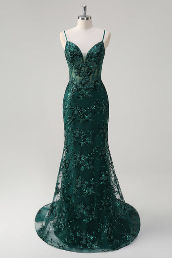 Sparkly Dark Green Mermaid Spaghetti Straps Corset Sequined Embroidery Tulle Long Prom Dress