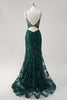 Load image into Gallery viewer, Sparkly Dark Green Mermaid Spaghetti Straps Corset Sequined Embroidery Tulle Long Prom Dress