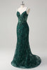 Load image into Gallery viewer, Sparkly Dark Green Mermaid Spaghetti Straps Corset Sequined Embroidery Tulle Long Prom Dress