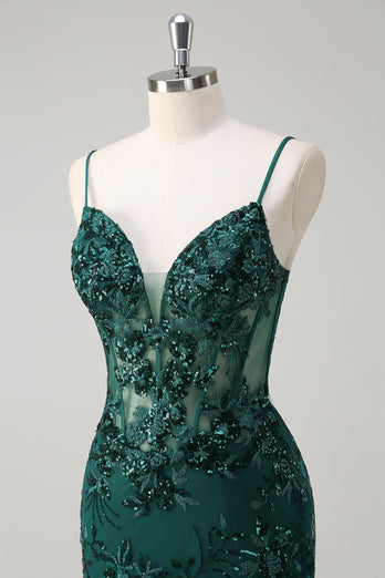 Sparkly Dark Green Mermaid Spaghetti Straps Corset Sequined Embroidery Tulle Long Prom Dress