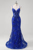 Load image into Gallery viewer, Sparkly Mermaid Royal Blue Spaghetti Straps Corset Sequin Long Prom Dress with Embroidery