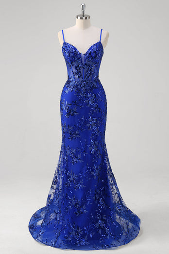 Sparkly Mermaid Royal Blue Spaghetti Straps Corset Sequin Long Prom Dress with Embroidery