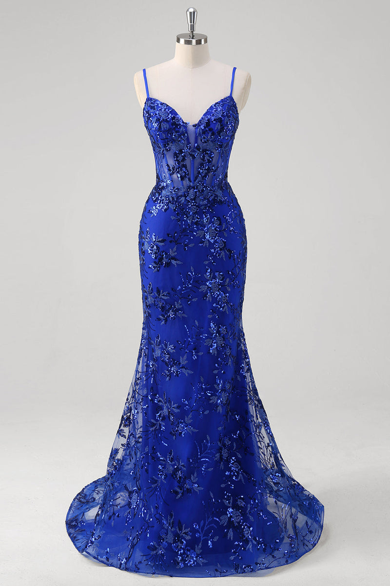 Load image into Gallery viewer, Sparkly Mermaid Royal Blue Spaghetti Straps Corset Sequin Long Prom Dress with Embroidery