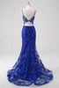 Load image into Gallery viewer, Sparkly Mermaid Royal Blue Spaghetti Straps Corset Sequin Long Prom Dress with Embroidery