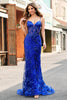 Load image into Gallery viewer, Sparkly Mermaid Royal Blue Spaghetti Straps Corset Sequin Long Prom Dress with Embroidery