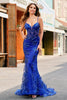 Load image into Gallery viewer, Sparkly Mermaid Royal Blue Spaghetti Straps Corset Sequin Long Prom Dress with Embroidery