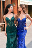 Load image into Gallery viewer, Sparkly Mermaid Royal Blue Spaghetti Straps Corset Sequin Long Prom Dress with Embroidery