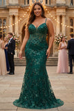 Sparkly Dark Green Mermaid Corset Sequined Tulle Long Plus Size Prom Dress