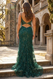 Sparkly Dark Green Mermaid Corset Sequined Tulle Long Plus Size Prom Dress