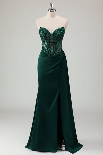 Sparkly Dark Green Mermaid Sweetheart Corset Long Prom Dress with Slit