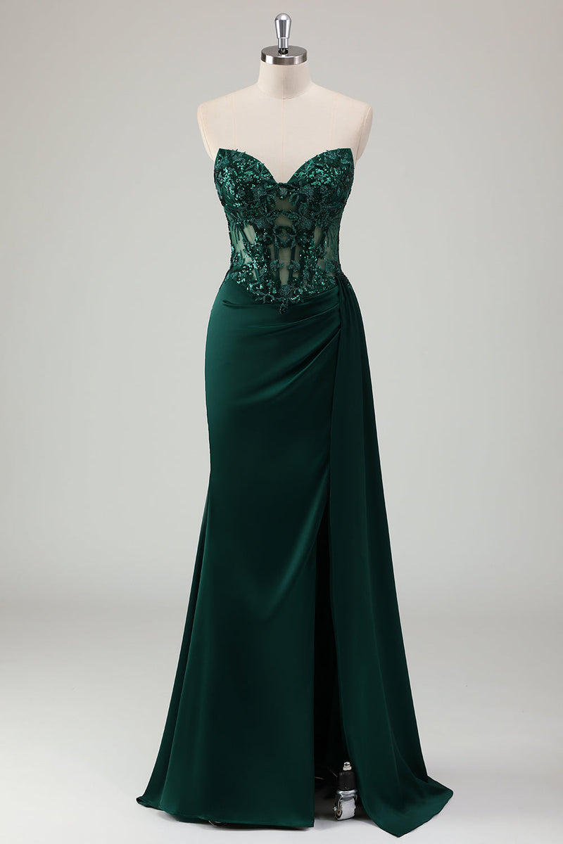 Load image into Gallery viewer, Sparkly Dark Green Mermaid Sweetheart Corset Long Prom Dress with Slit