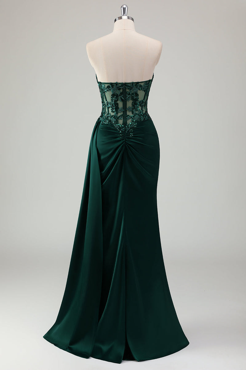 Load image into Gallery viewer, Sparkly Dark Green Mermaid Sweetheart Corset Long Prom Dress with Slit