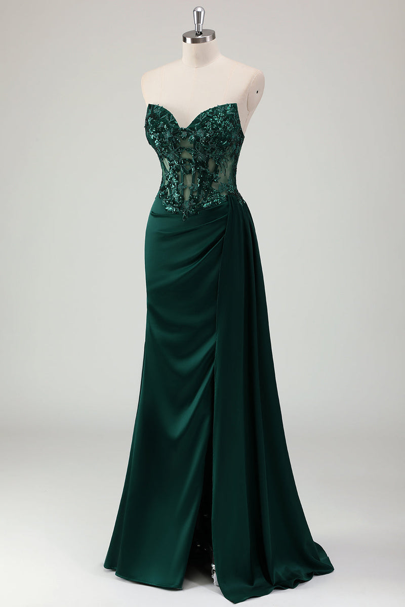 Load image into Gallery viewer, Sparkly Dark Green Mermaid Sweetheart Corset Long Prom Dress with Slit