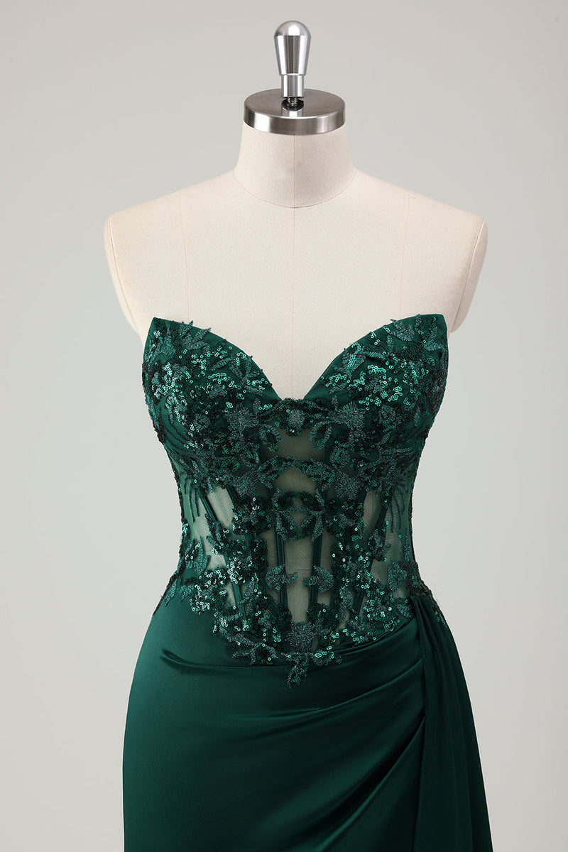 Load image into Gallery viewer, Sparkly Dark Green Mermaid Sweetheart Corset Long Prom Dress with Slit