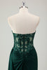 Load image into Gallery viewer, Sparkly Dark Green Mermaid Sweetheart Corset Long Prom Dress with Slit