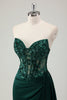 Load image into Gallery viewer, Sparkly Dark Green Mermaid Sweetheart Corset Long Prom Dress with Slit