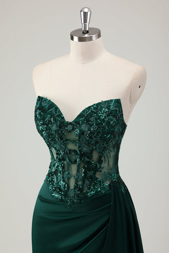 Sparkly Dark Green Mermaid Sweetheart Corset Long Prom Dress with Slit