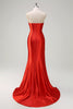 Load image into Gallery viewer, Red Mermaid Satin Strapless Pleated Sequin Long Prom Dress with Slit