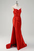 Load image into Gallery viewer, Red Mermaid Satin Strapless Pleated Sequin Long Prom Dress with Slit