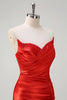 Load image into Gallery viewer, Red Mermaid Satin Strapless Pleated Sequin Long Prom Dress with Slit