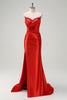 Load image into Gallery viewer, Red Mermaid Satin Strapless Pleated Sequin Long Prom Dress with Slit