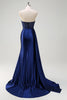 Load image into Gallery viewer, Navy Mermaid V-Neck Watteau Train Corset Beaded Prom Dress with Slit