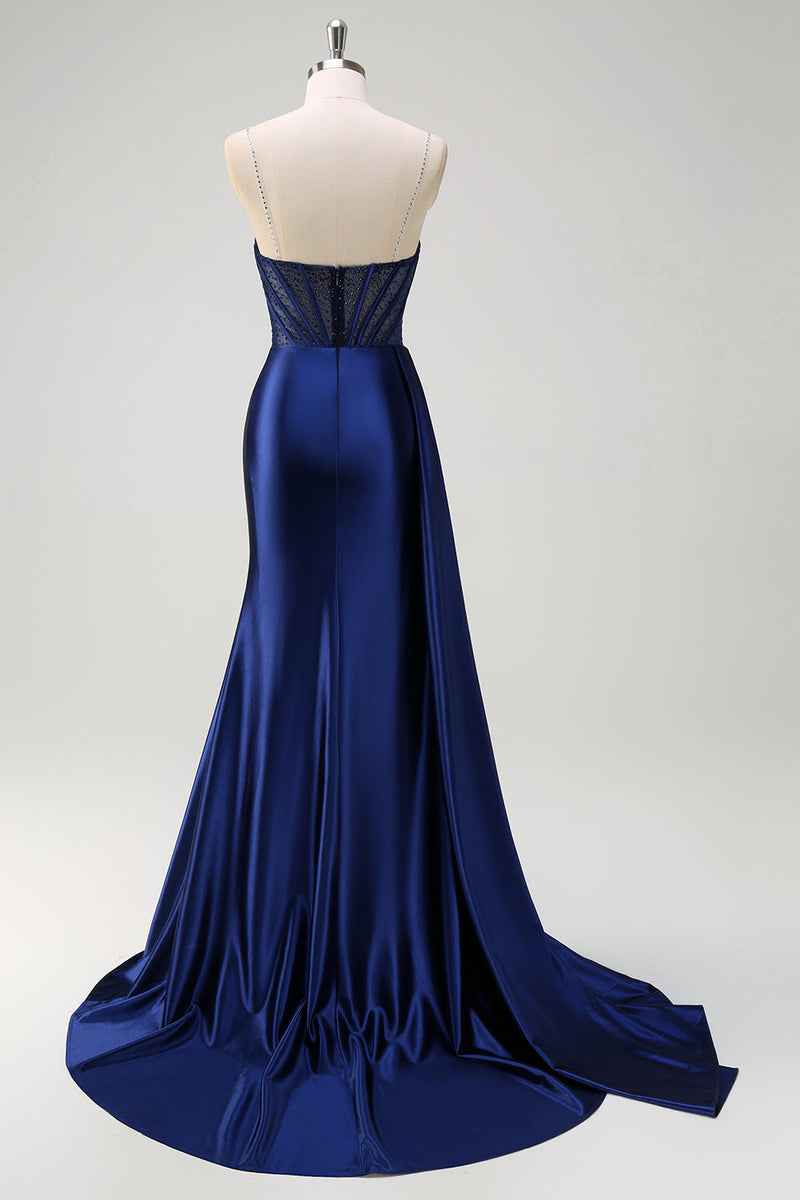 Load image into Gallery viewer, Navy Mermaid V-Neck Watteau Train Corset Beaded Prom Dress with Slit