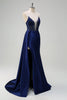 Load image into Gallery viewer, Navy Mermaid V-Neck Watteau Train Corset Beaded Prom Dress with Slit