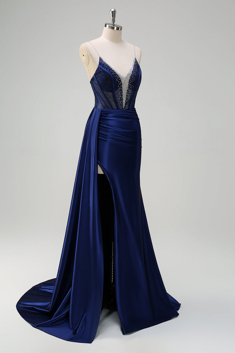 Load image into Gallery viewer, Navy Mermaid V-Neck Watteau Train Corset Beaded Prom Dress with Slit