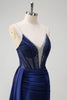 Load image into Gallery viewer, Navy Mermaid V-Neck Watteau Train Corset Beaded Prom Dress with Slit