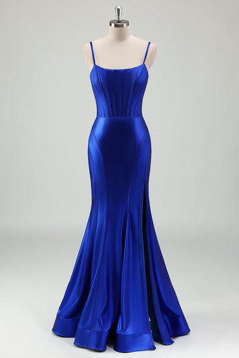 Royal Blue Mermaid Spaghetti Straps Corset Satin Long Prom Dress with Slit