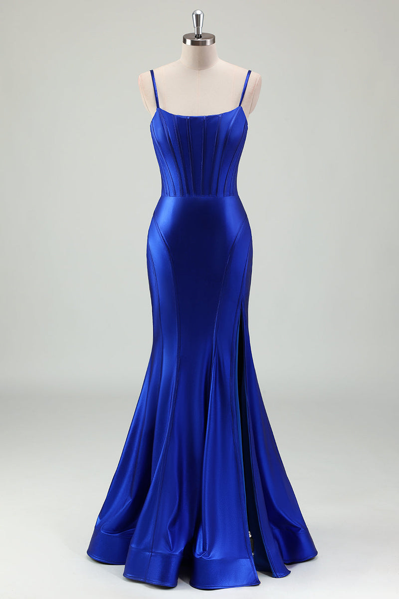 Load image into Gallery viewer, Royal Blue Mermaid Spaghetti Straps Corset Satin Long Prom Dress with Slit