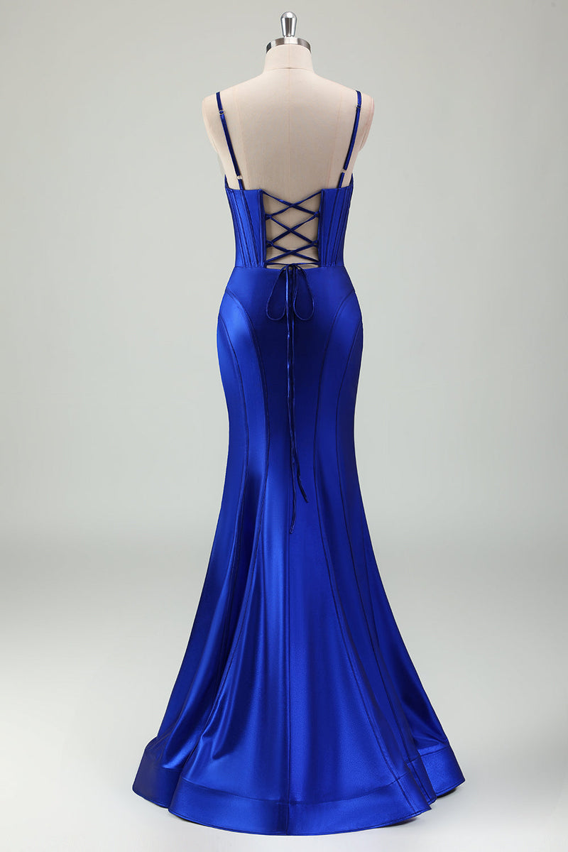 Load image into Gallery viewer, Royal Blue Mermaid Spaghetti Straps Corset Satin Long Prom Dress with Slit