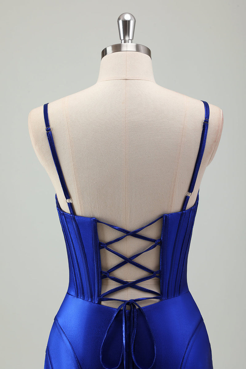 Load image into Gallery viewer, Royal Blue Mermaid Spaghetti Straps Corset Satin Long Prom Dress with Slit