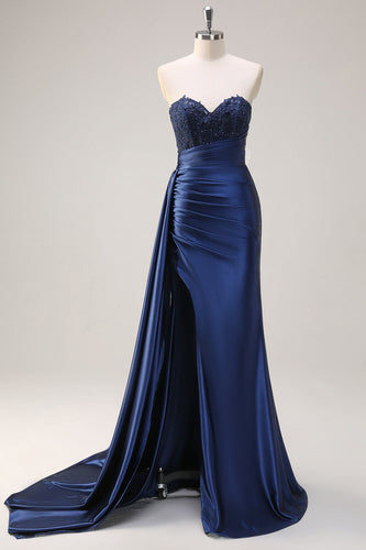 Navy Mermaid Strapless Side Streamer Ruched Corset Long Prom Dress With Slit