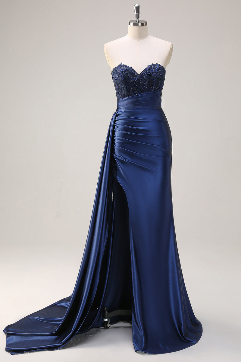 Load image into Gallery viewer, Navy Mermaid Strapless Side Streamer Ruched Corset Long Prom Dress With Slit