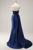 Load image into Gallery viewer, Navy Mermaid Strapless Side Streamer Ruched Corset Long Prom Dress With Slit