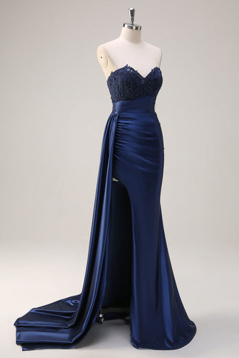 Navy Mermaid Strapless Side Streamer Ruched Corset Long Prom Dress With Slit