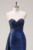 Load image into Gallery viewer, Navy Mermaid Strapless Side Streamer Ruched Corset Long Prom Dress With Slit