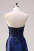 Load image into Gallery viewer, Navy Mermaid Strapless Side Streamer Ruched Corset Long Prom Dress With Slit